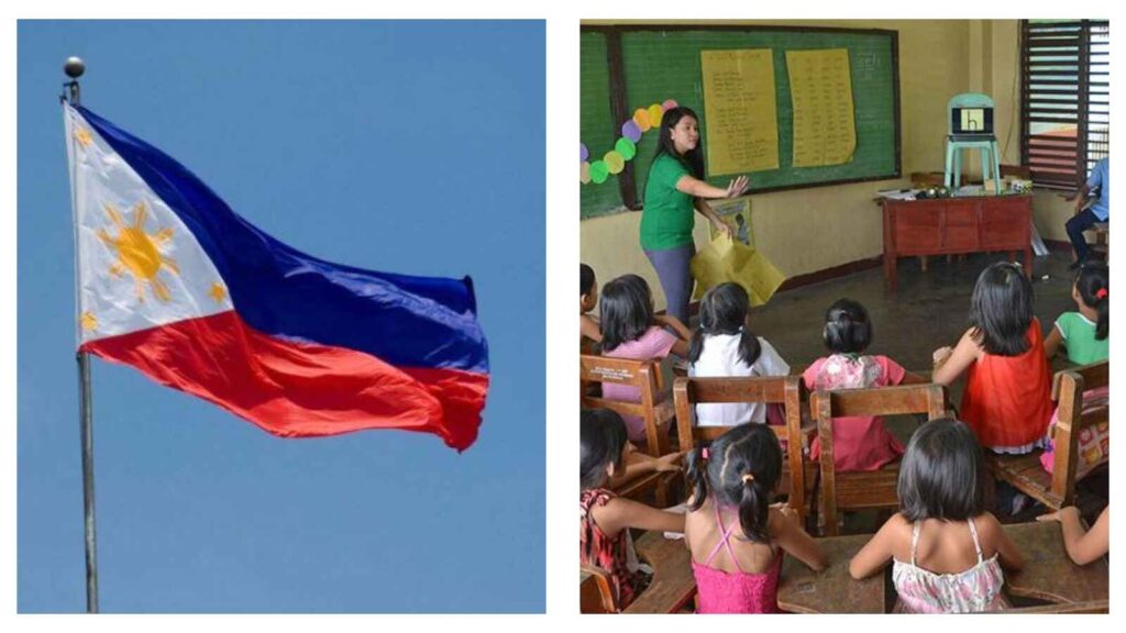 Philippines flag and Filipino children in classroom