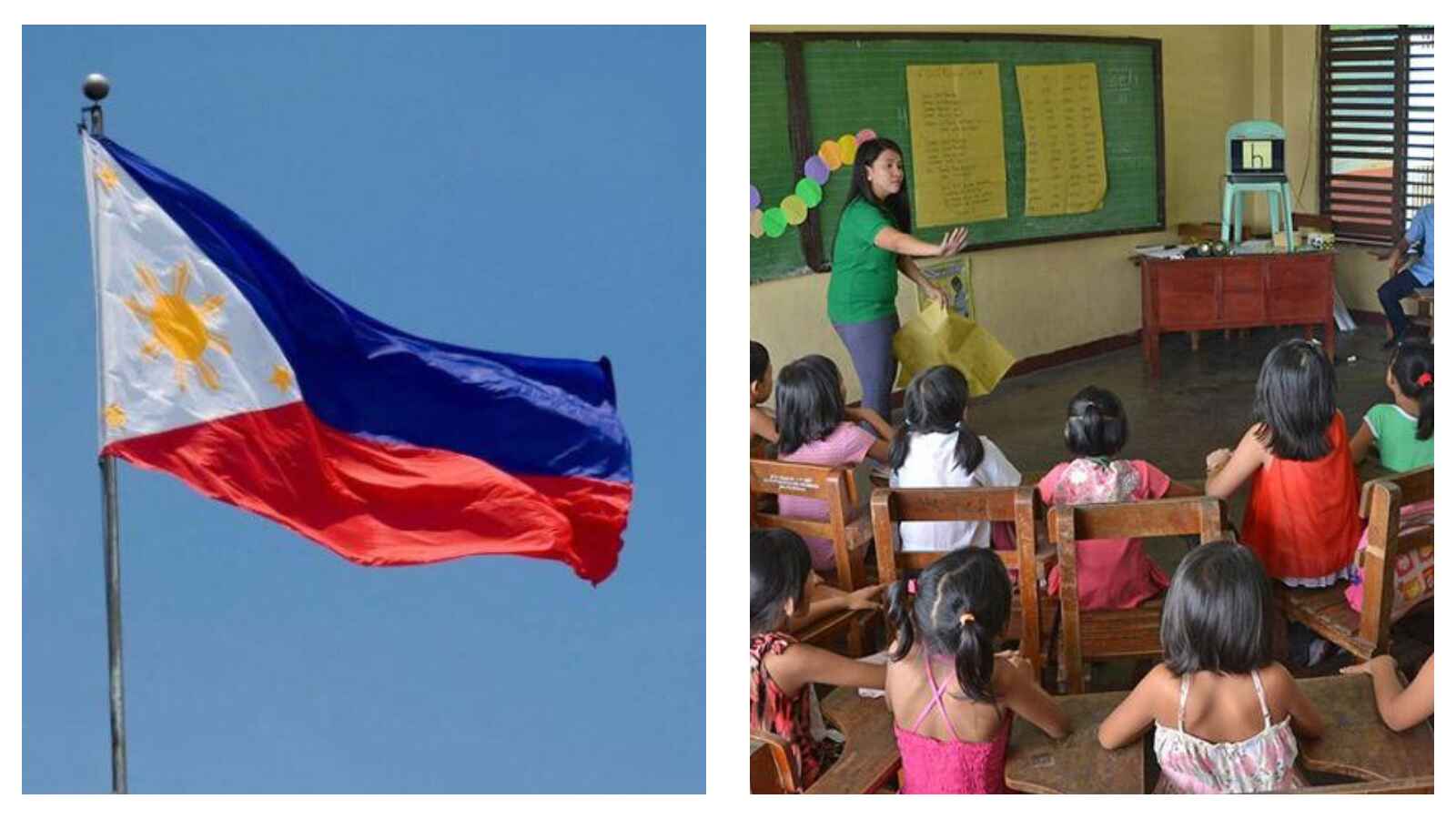 Philippines flag and Filipino children in classroom