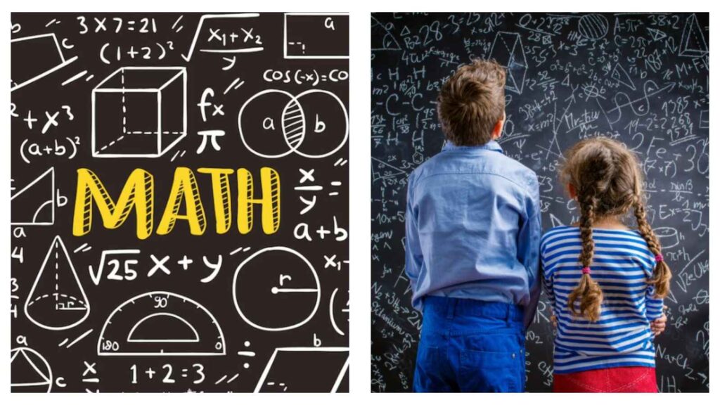 Children studying a blackboard of maths problems