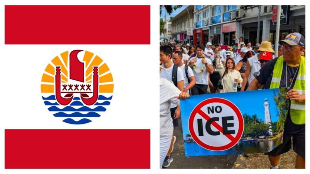 French Polynesia flag & Marchers protesting methamphetamine use