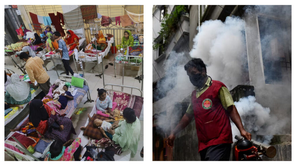 Bangladeshi dengue patients & worker spraying insecticide