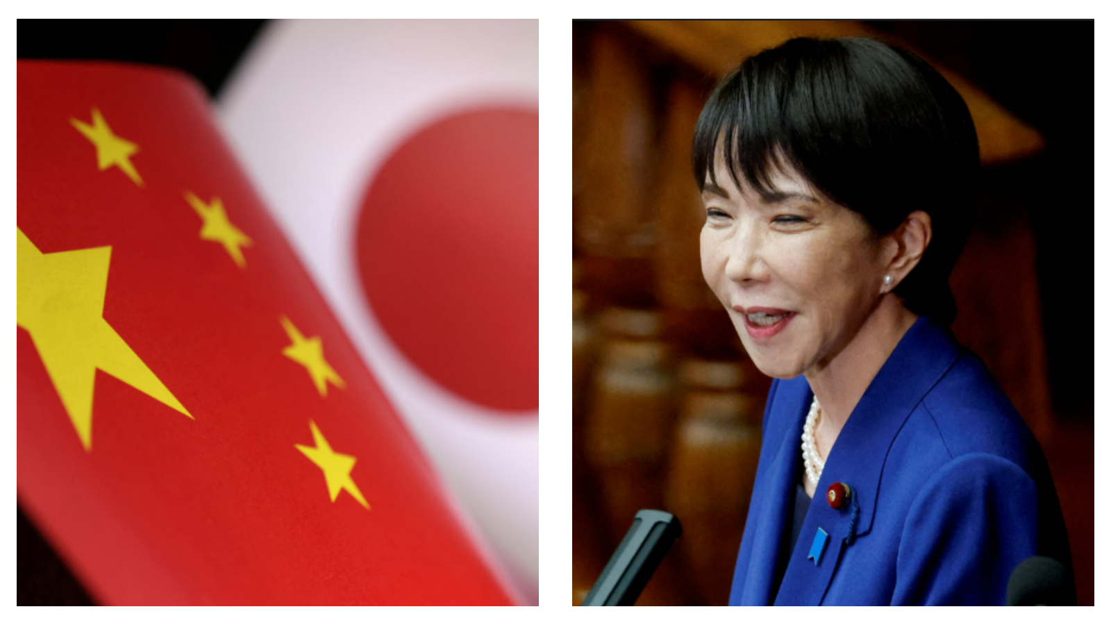 China and Japan flags & Japanese Prime Minister Sanae Takaichi