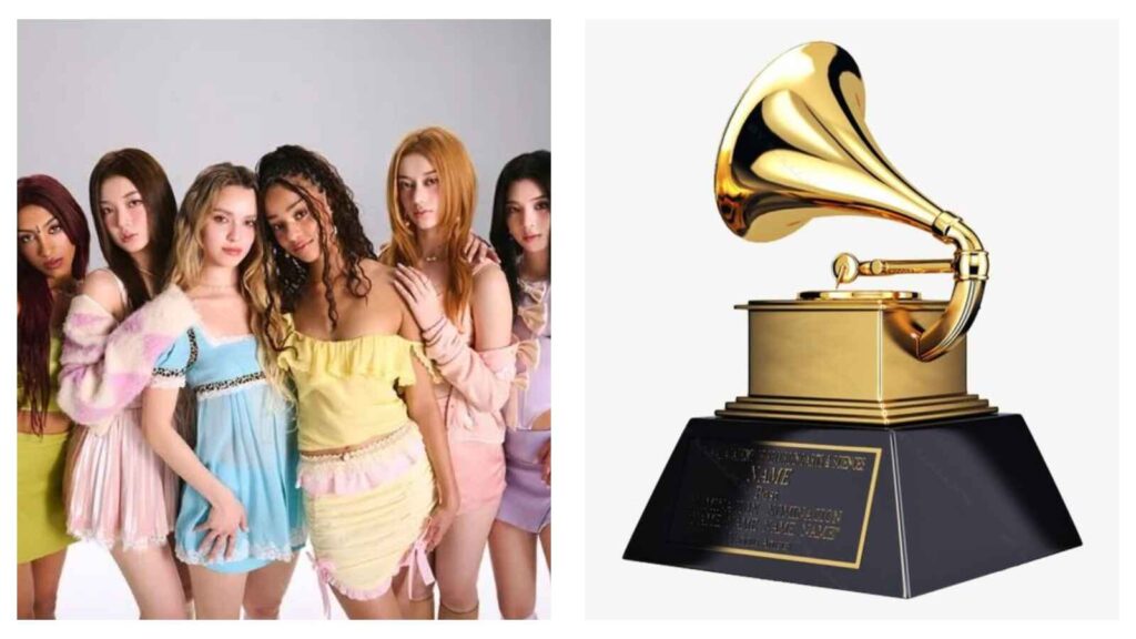 Katseye K-Pop group and Grammy trophy