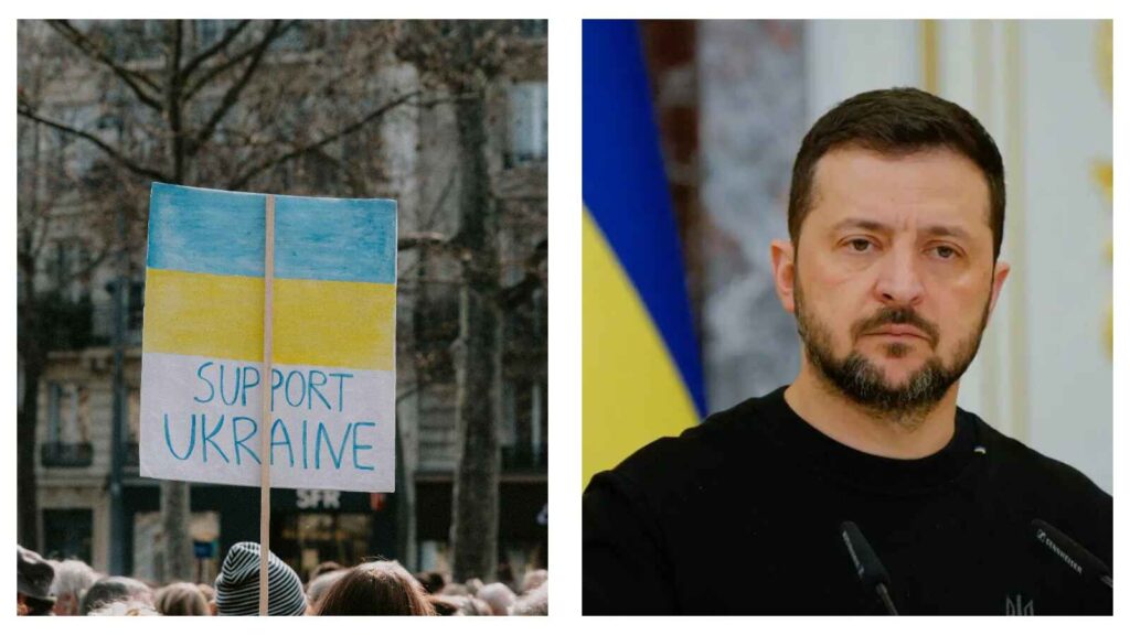 Ukraine placard and Volodymyr Zelensky