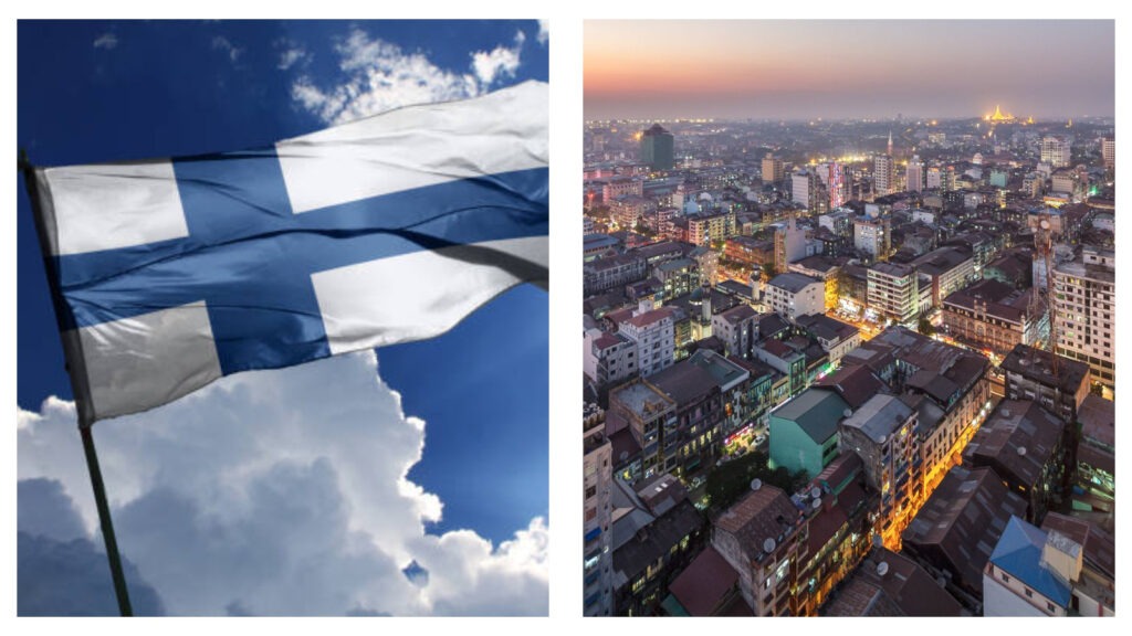 Finland flag and Yangon, Myanmar