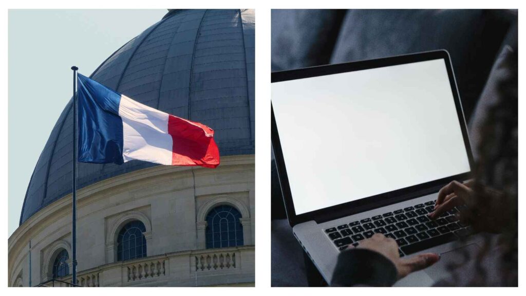 French flag and person on computer