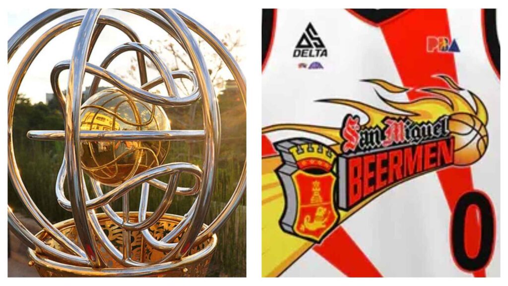 Philippine Cup trophy and San Miguel Beermen logo