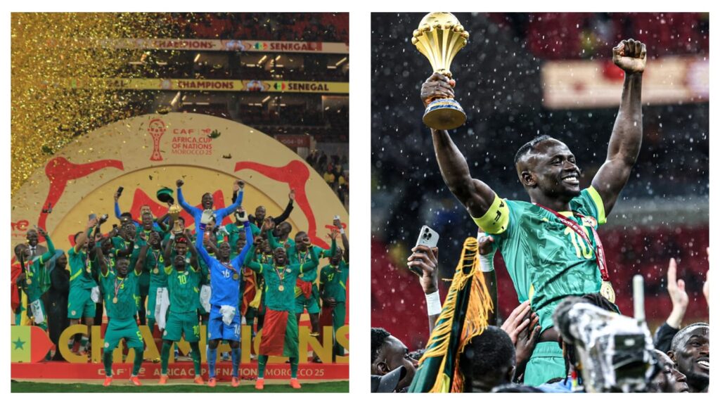 Senegal players raise AFCON trophy & Sadio Mane