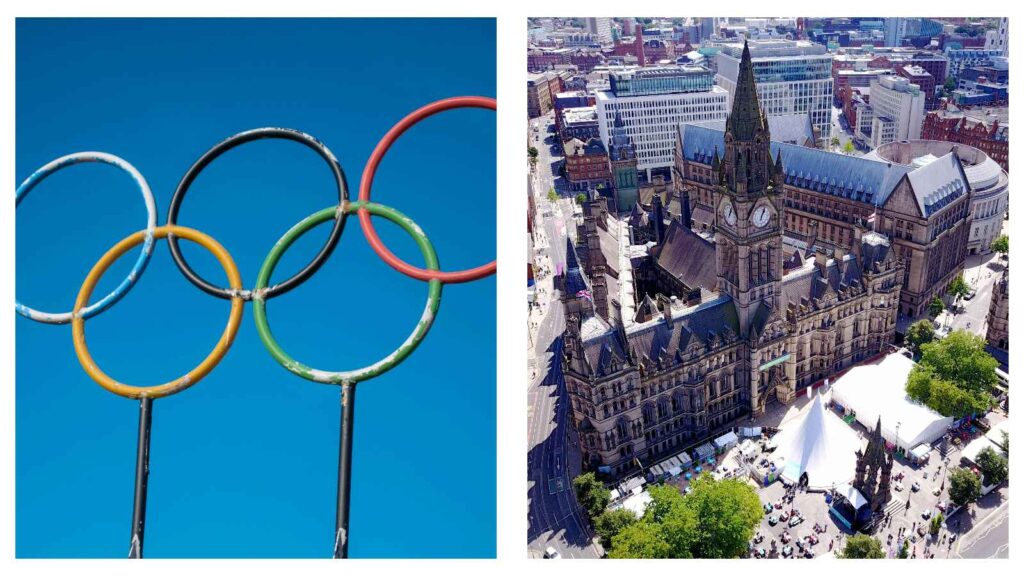 Olympic rings and view of Manchester