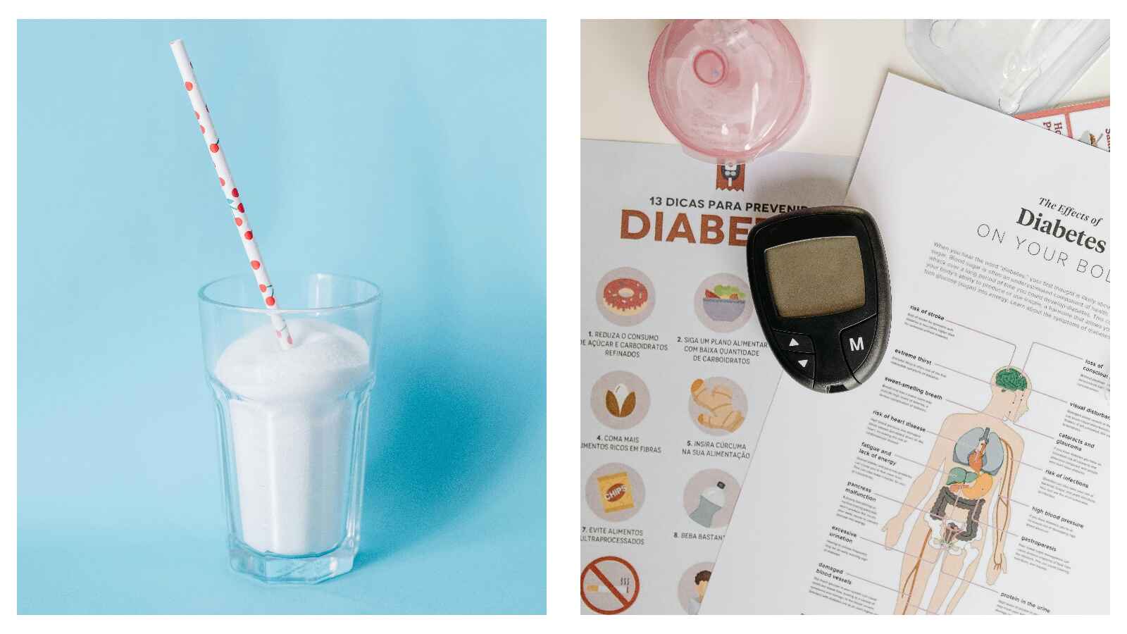 Glass full of sugar and diabetes glucometer
