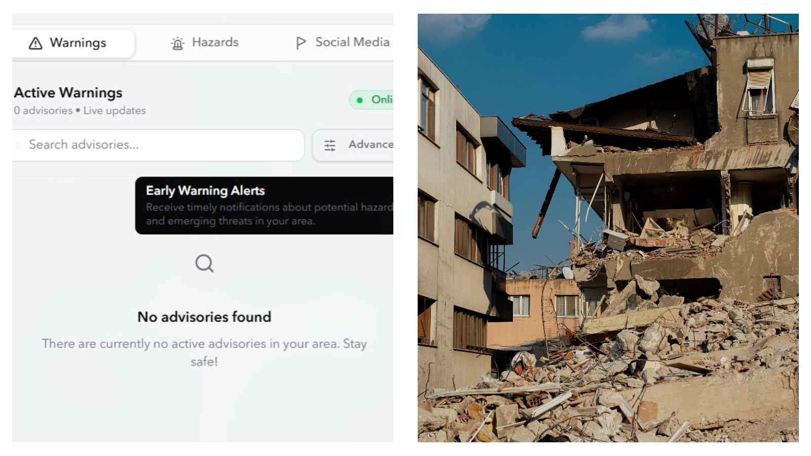 Handa warning system and earthquake damage
