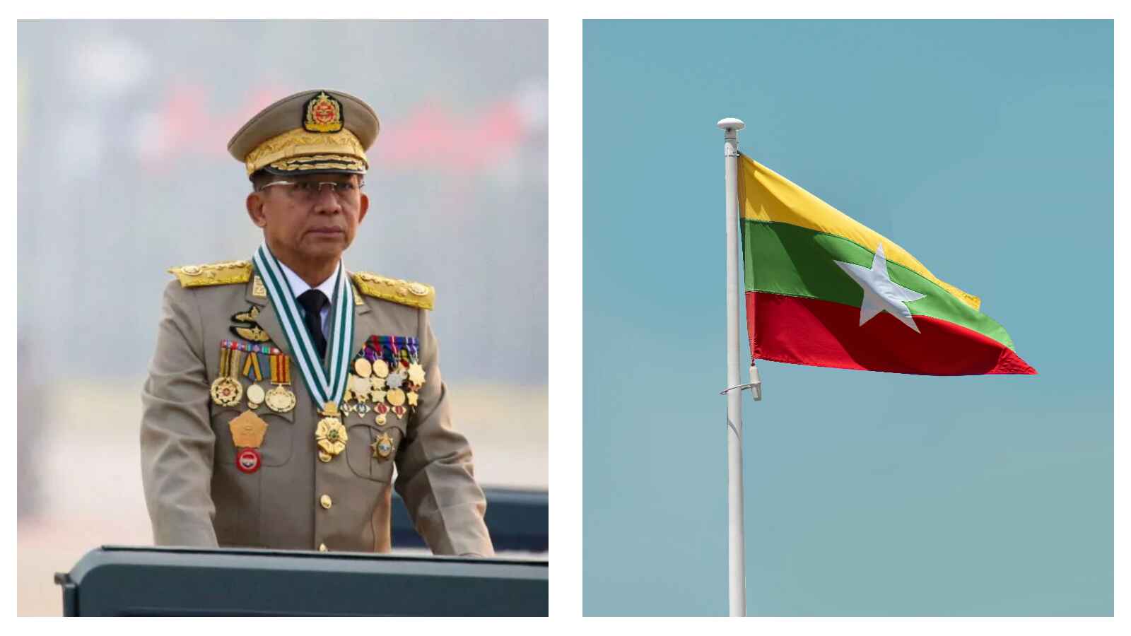 Min Aung Hlaing and Myanmar flag