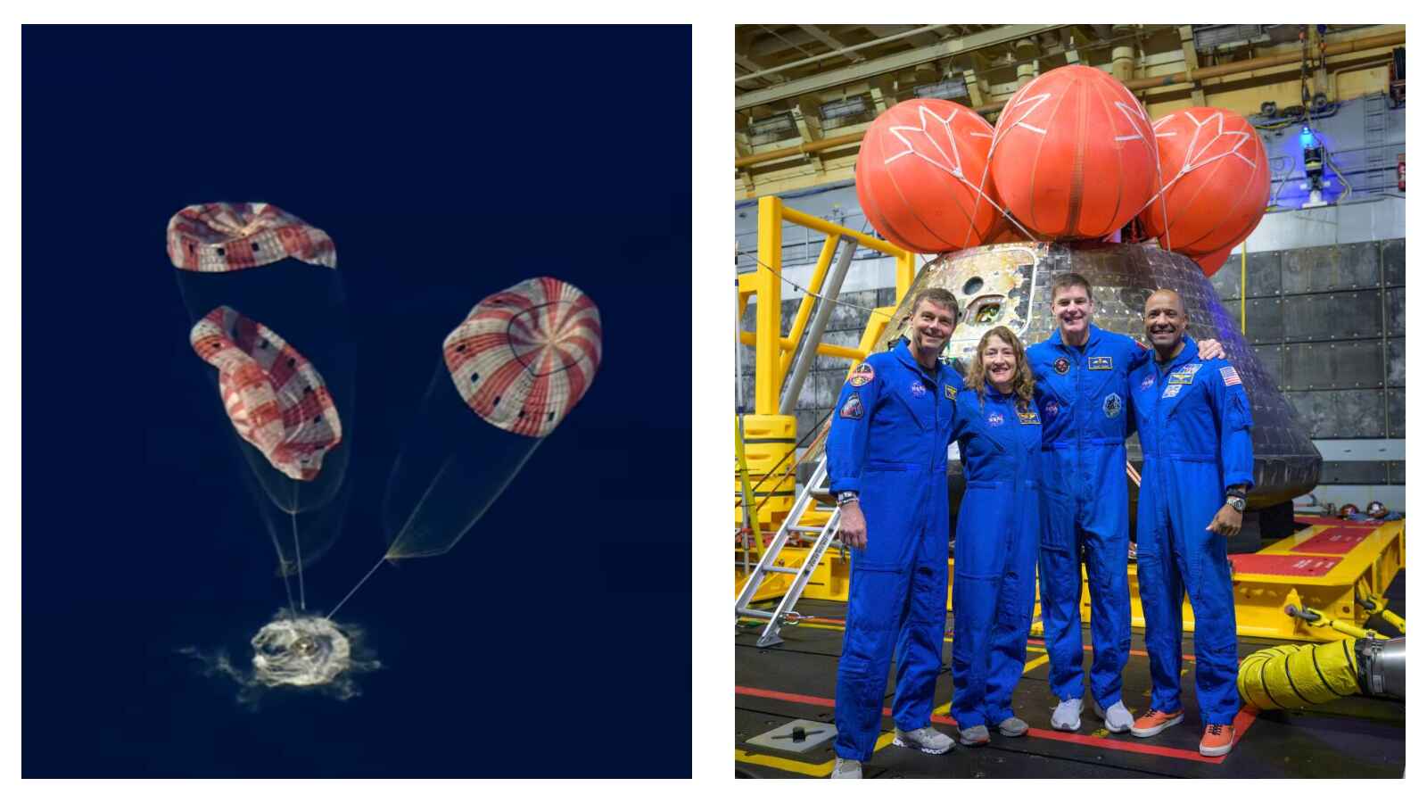 Parachute-assisted splashdown by NASA astronauts