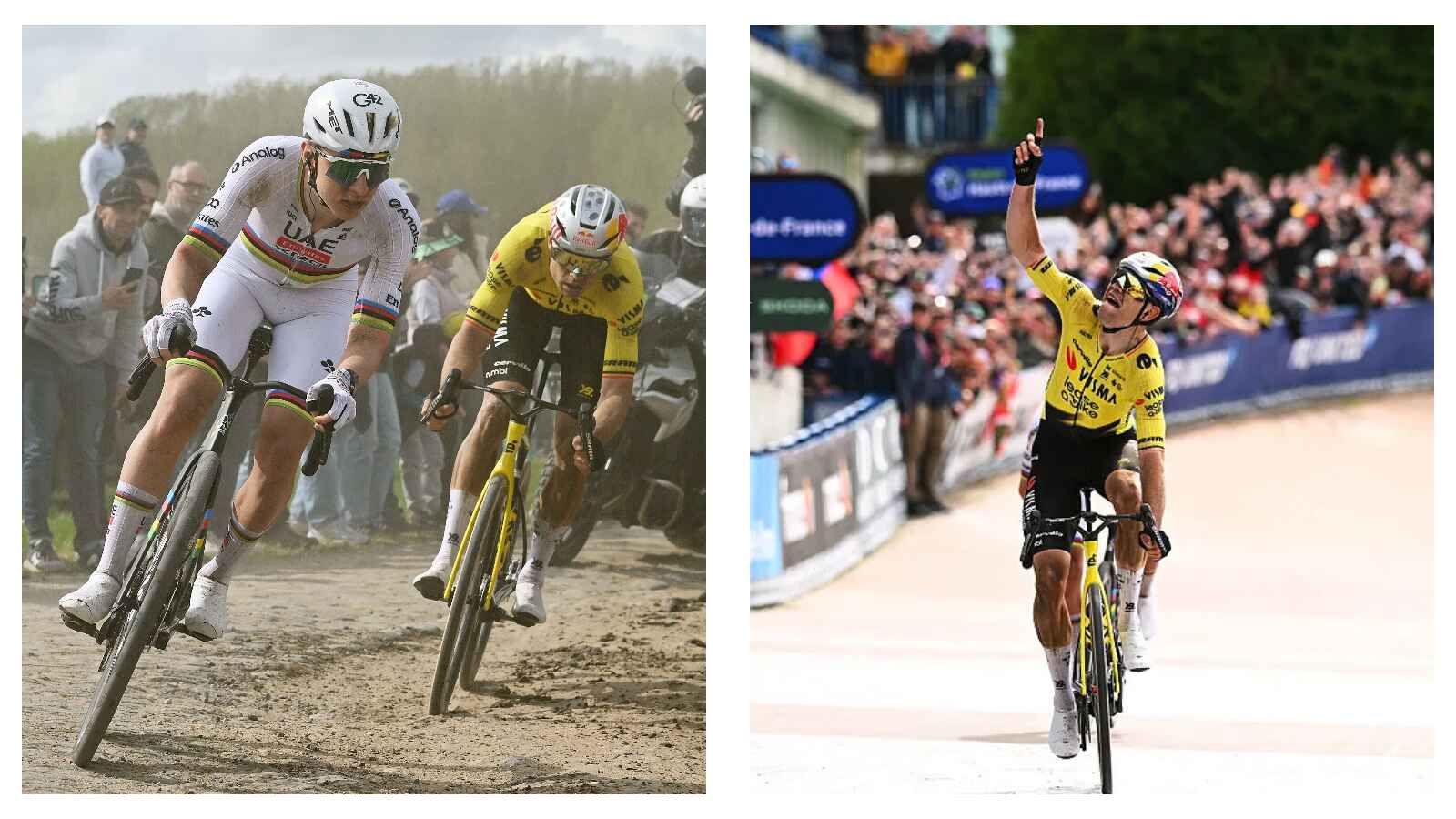 Wout van Aert outsprinting Tadej Pogačar for Paris-Roubaix victory