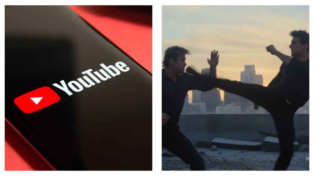 YouTube logo and AI deepfake of Brad Pitt and Tom Cruise