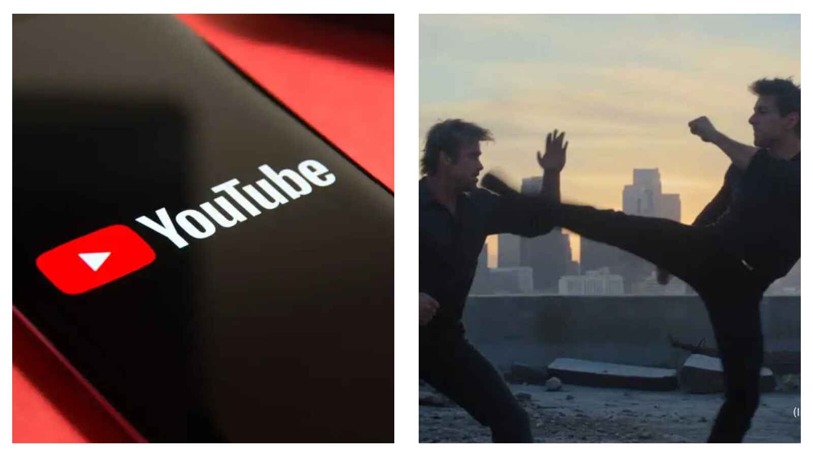 YouTube logo and AI deepfake of Brad Pitt and Tom Cruise