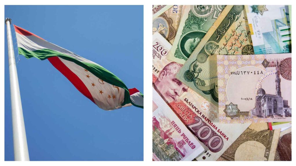 Tajikistan flag and international currencies