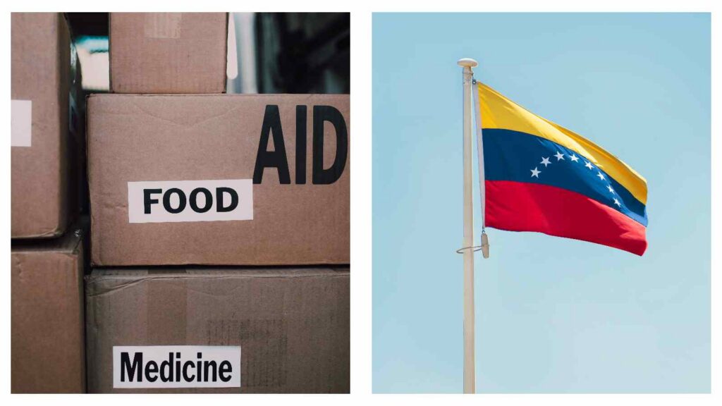Aid boxes and Venezuelan flag