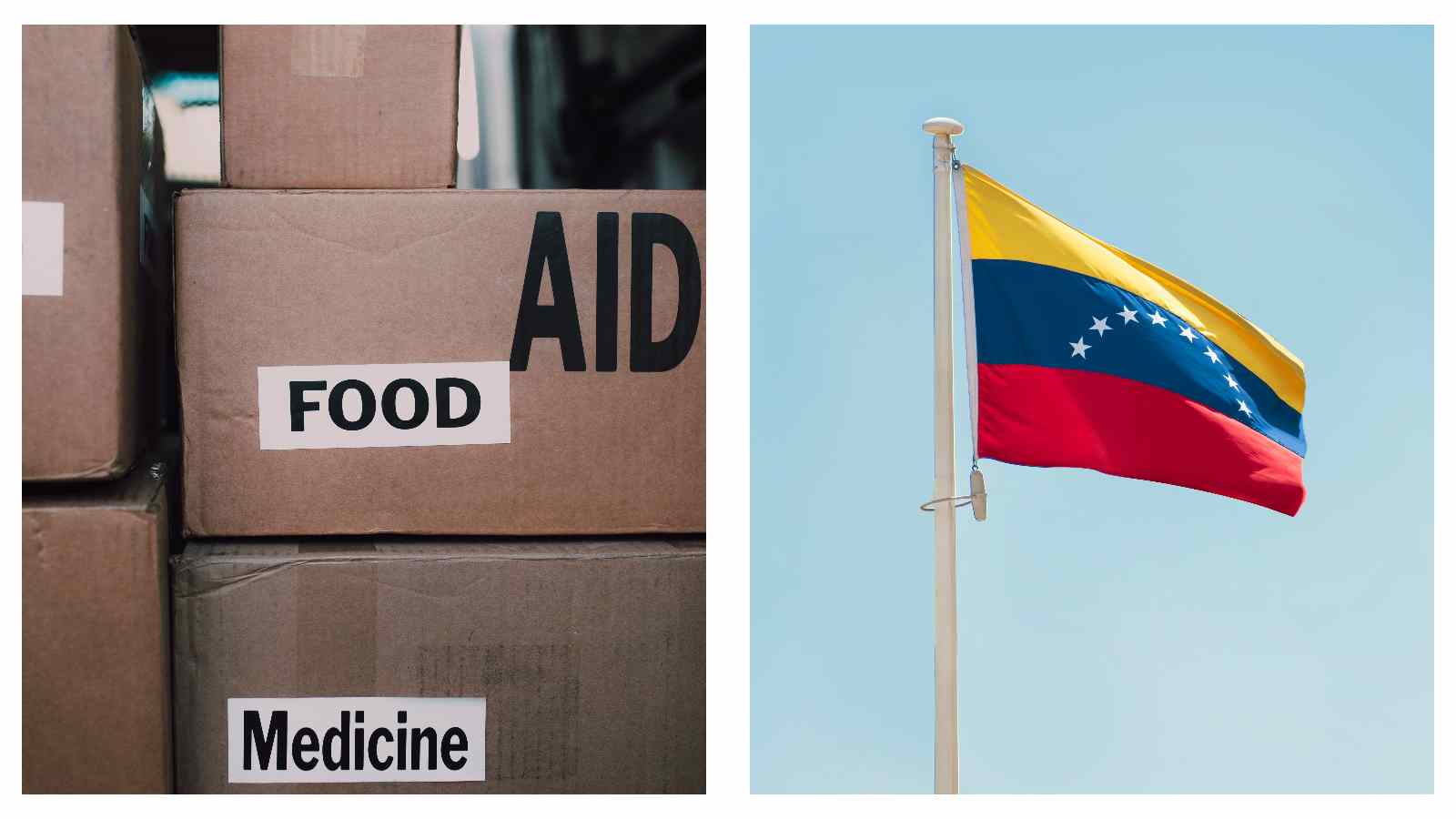 Aid boxes and Venezuelan flag