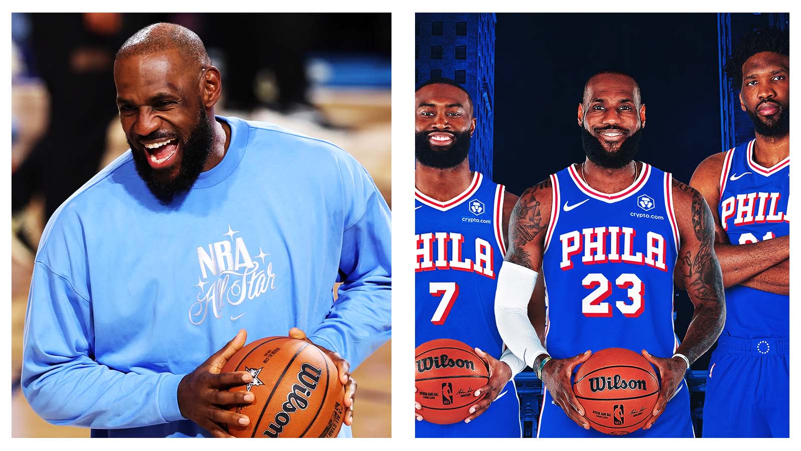 LeBron James, Jaylen Brown and Joel Embiid, 76ers graphic