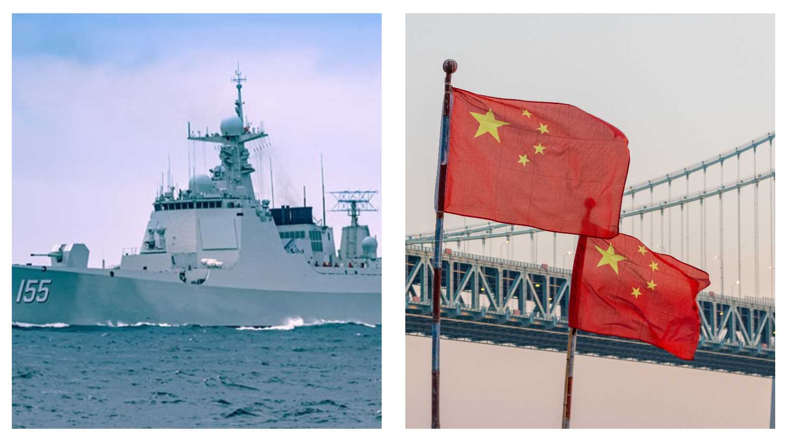 Chinese destroyer and China flag