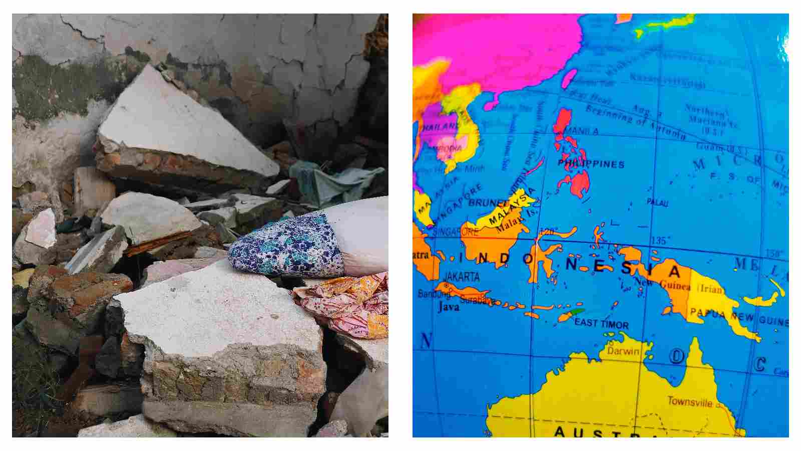 Earthquake rubble and globe of Pacific Rim