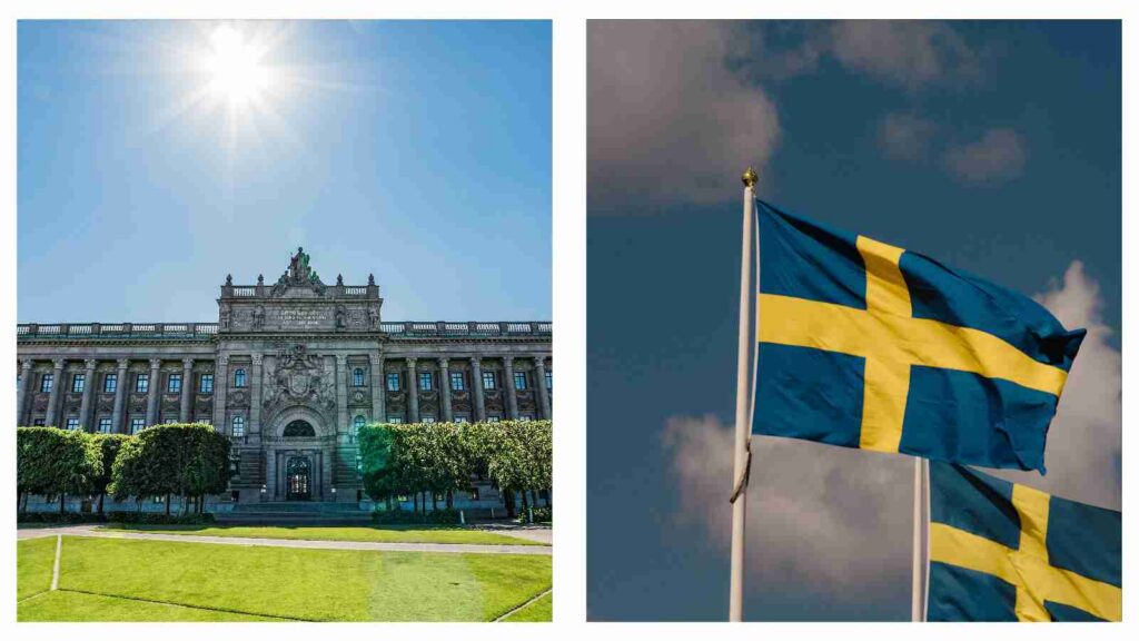 Swedish parliament building and flags