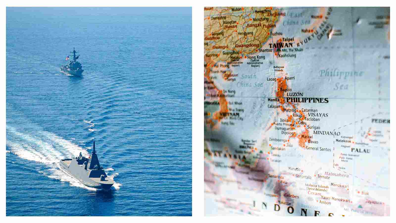 Vessels at sea and map showing Philippines