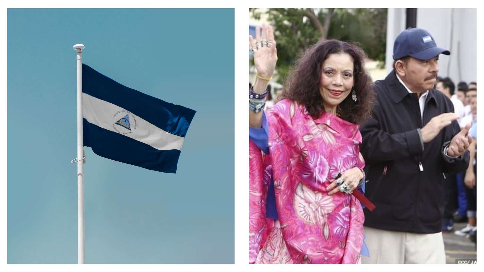 Nicaragua flag and Daniel Ortega and Rosario Murillo